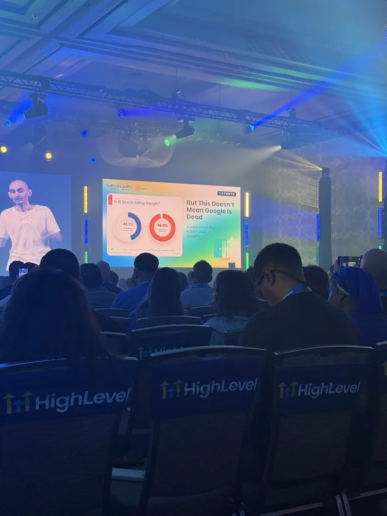Neil Patel on the LevelUp 2026 main stage presenting a slide titled But This Doesn't Mean Google Is Dead