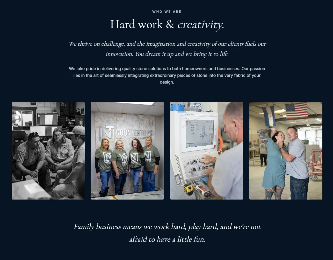 Faces Behind the Craft section of the TNT Countertops website showing team members at work and together