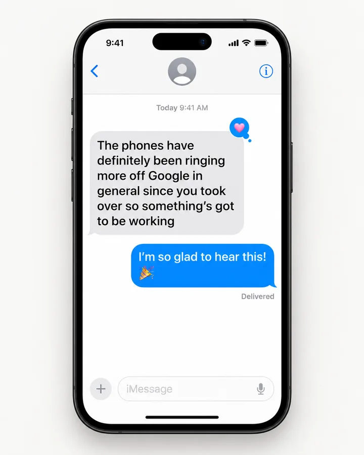 Text message from Patience at Stanley Plumbing saying the phones have definitely been ringing more off Google since The Mustard Seed Agency took over