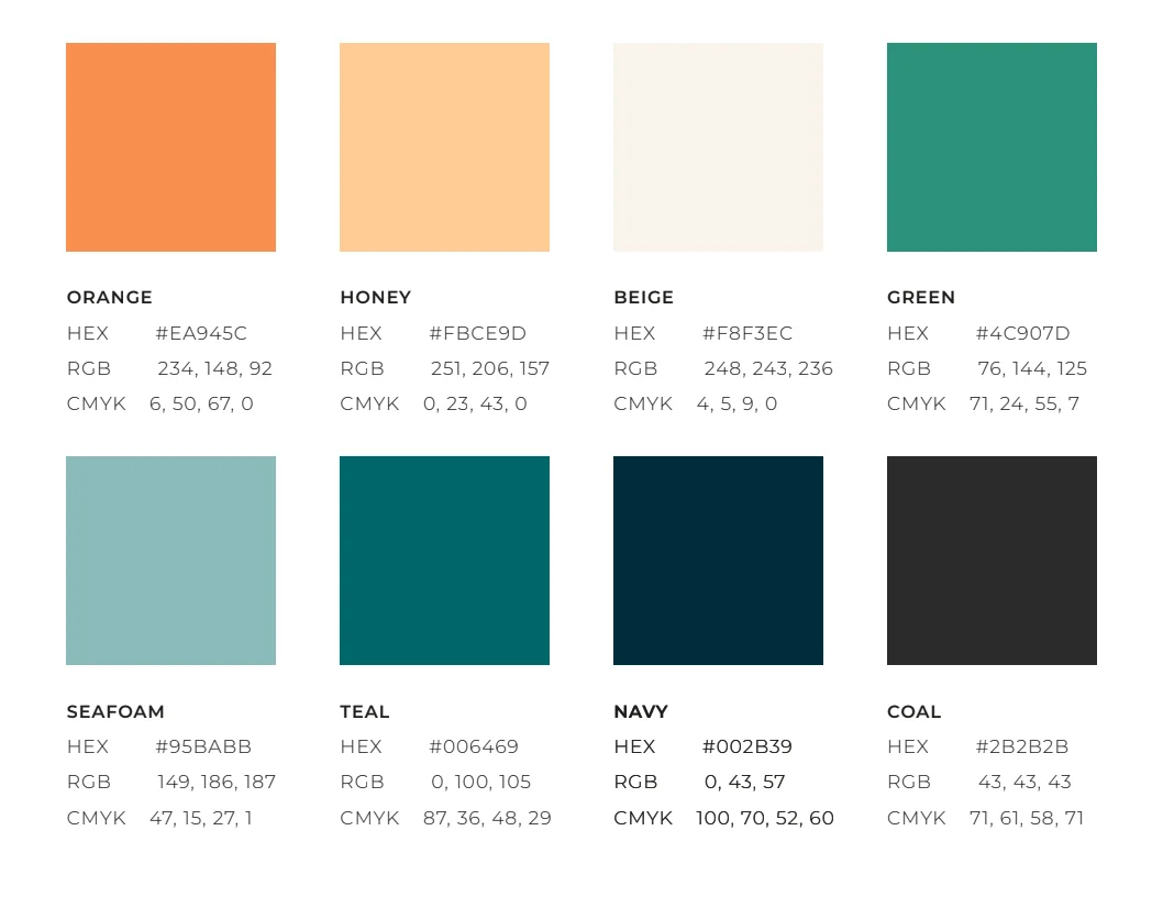 Lynn Community Impact color palette showing orange, honey, beige, green, seafoam, teal, navy, and coal