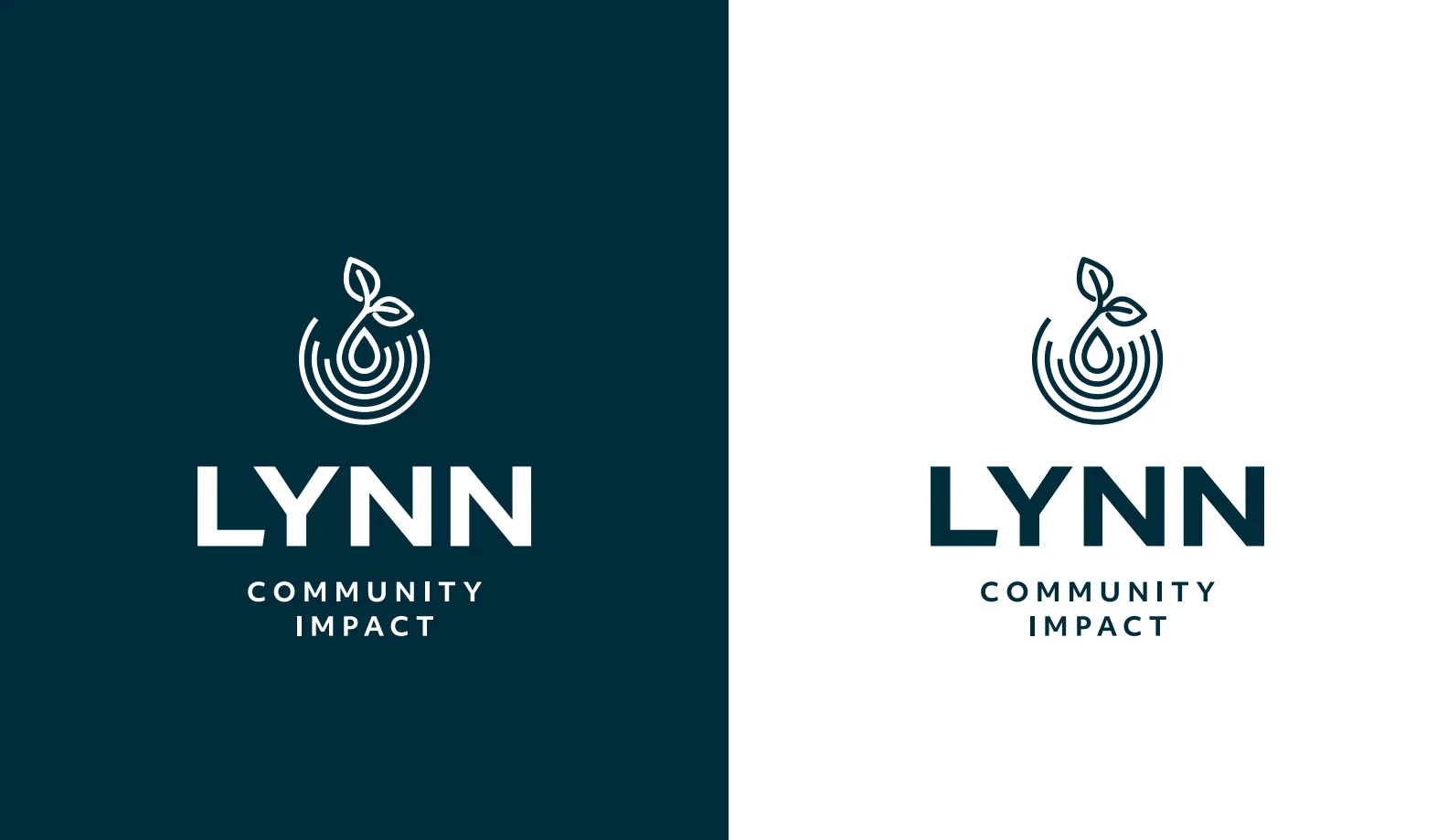 Primary Lynn Community Impact logos shown in cream on navy and navy on white