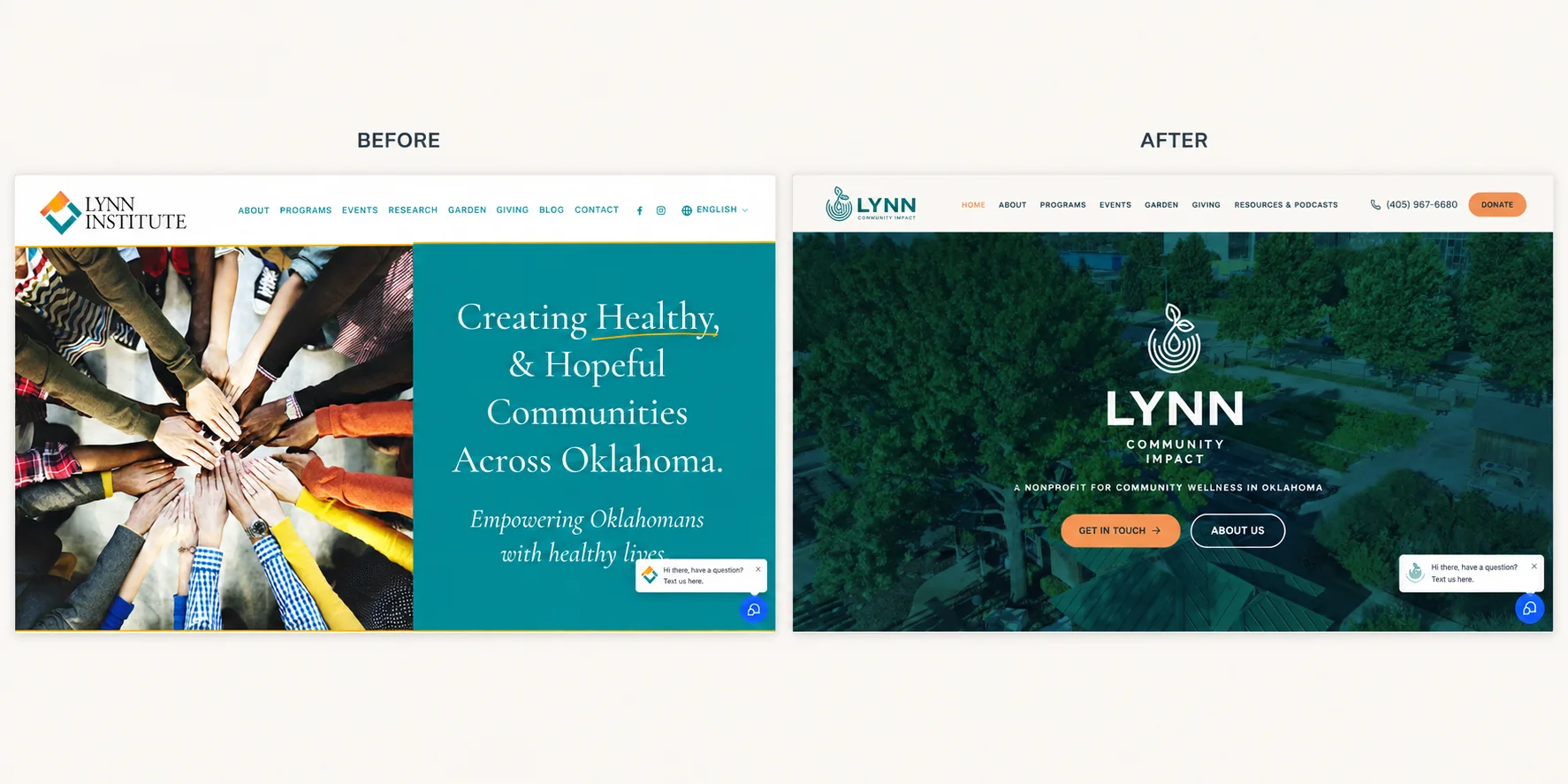 Before and after comparison of the former Lynn Institute website and the redesigned Lynn Community Impact website