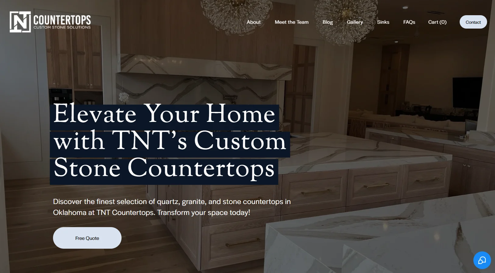 TNT Countertops homepage before the redesign, with a stone kitchen image and an Explore Our Products button