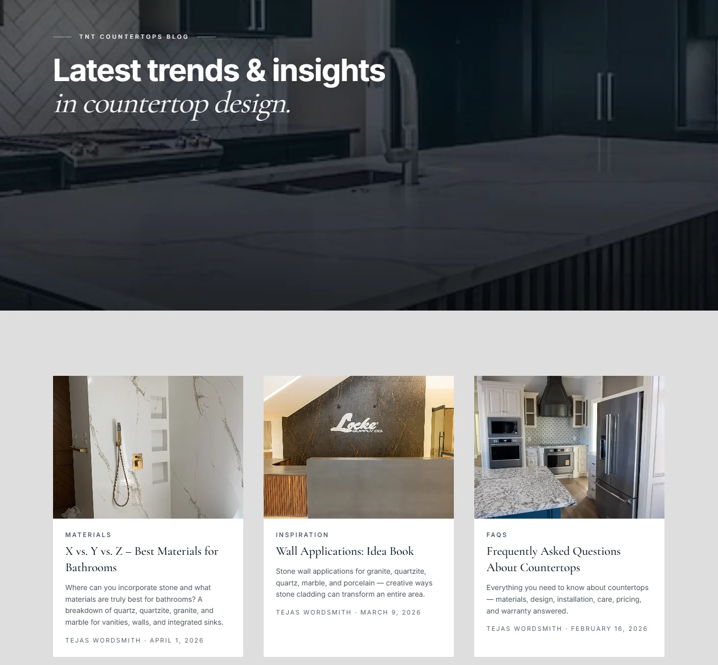 TNT Countertops articles on kitchen countertop trends, materials, and commonly asked questions