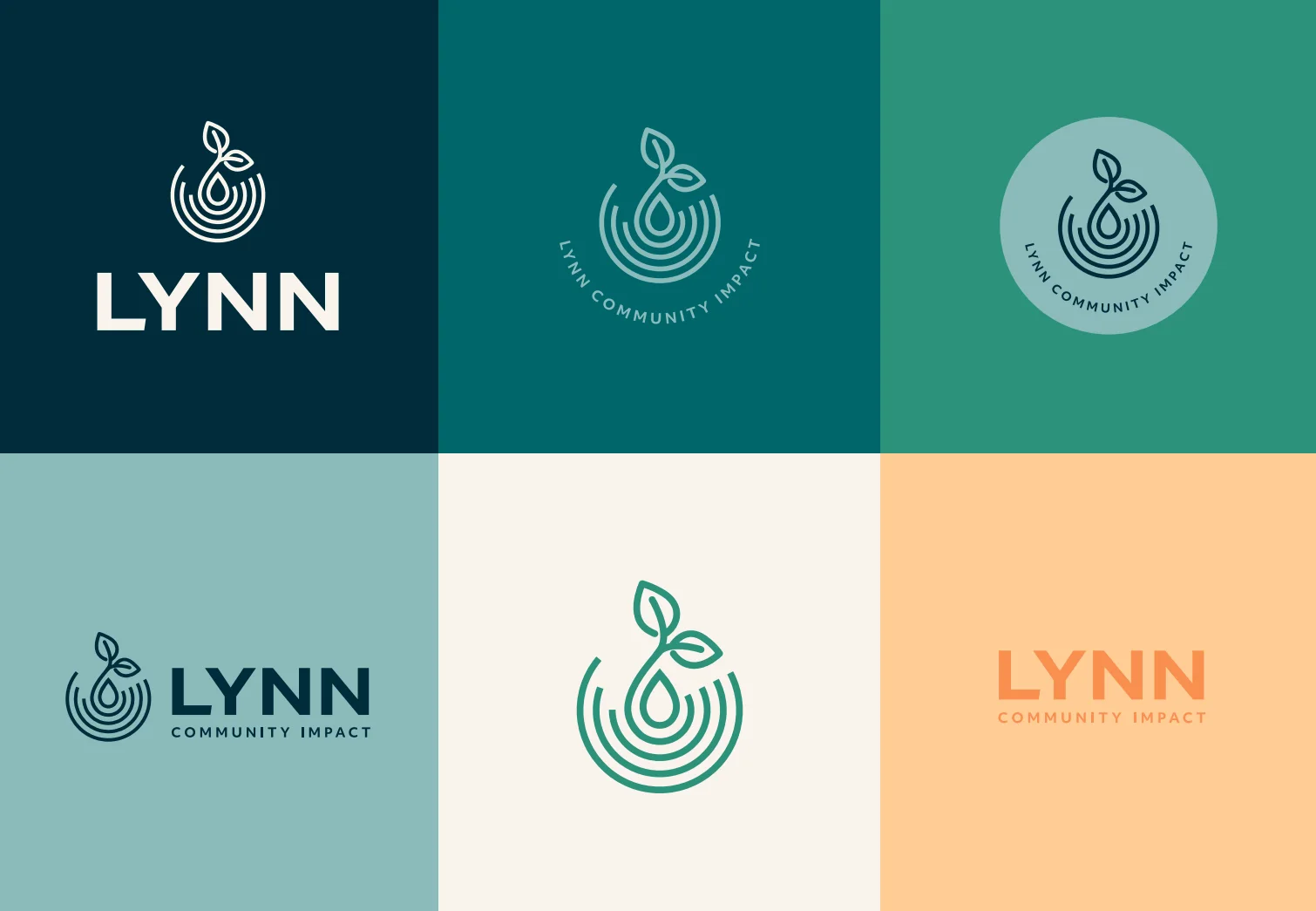 Lynn Community Impact logo system shown across navy, teal, green, seafoam, beige, and honey backgrounds