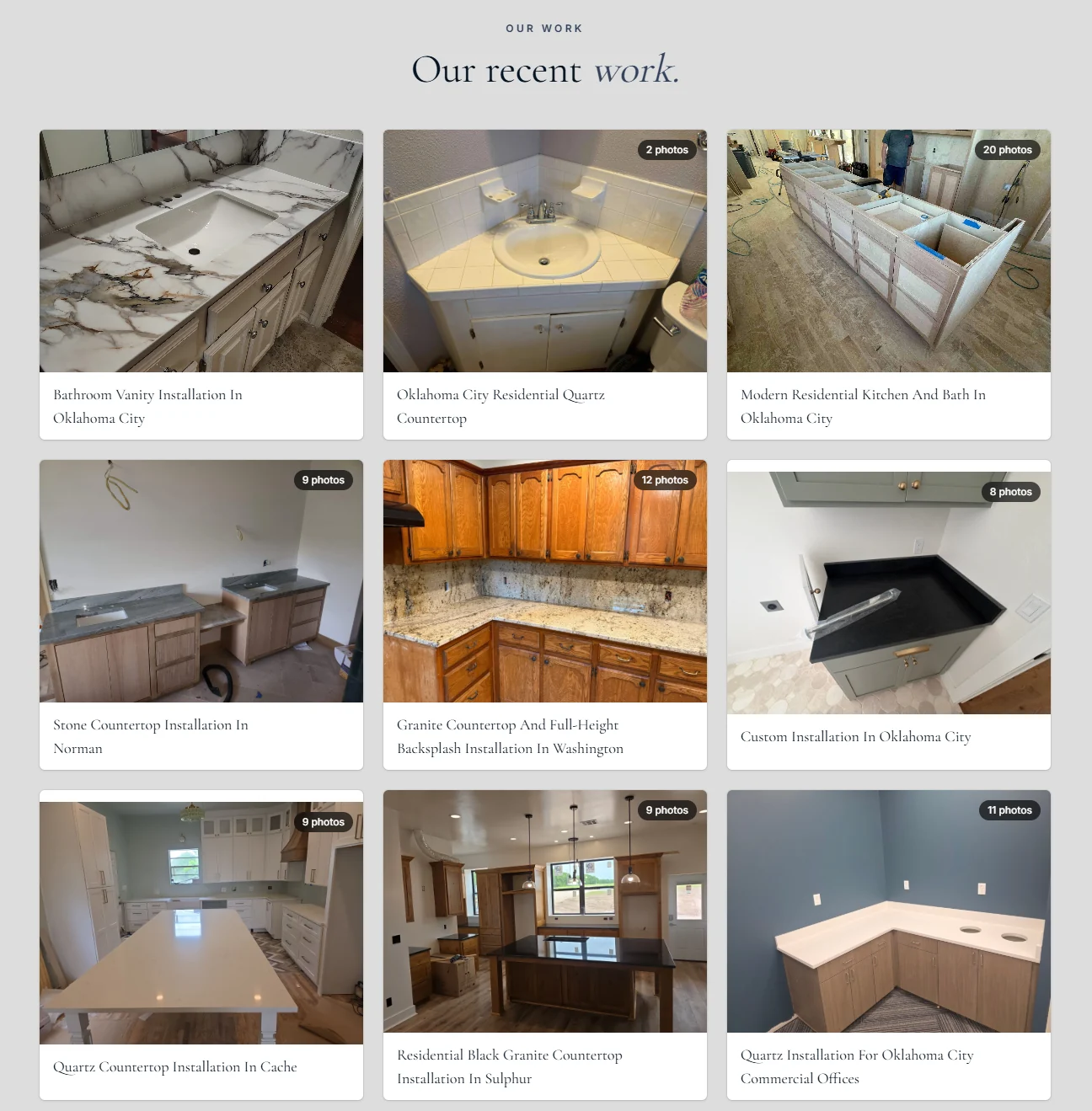 TNT Countertops project gallery showing stone applications in kitchens, bathrooms, and living spaces