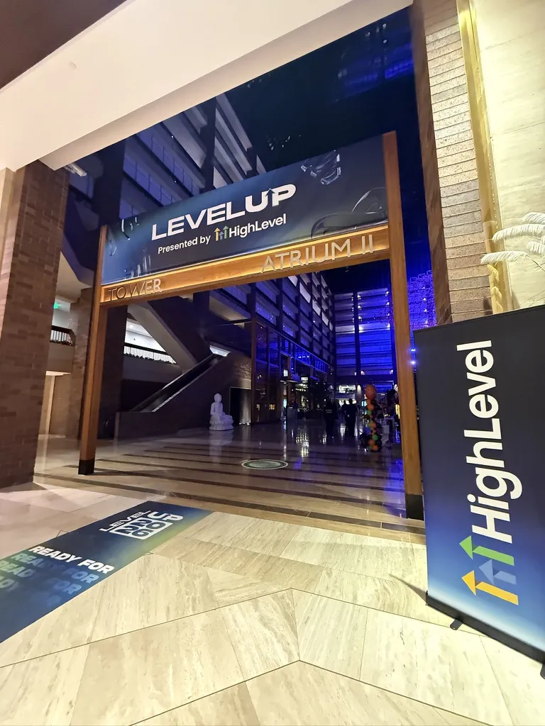 Entrance to the LevelUp 2026 conference presented by HighLevel in Dallas, with a HighLevel banner