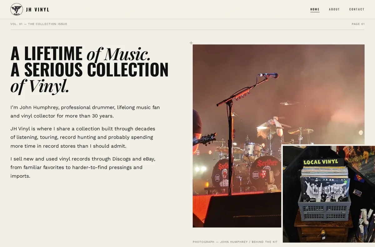JH Vinyl website homepage designed by The Mustard Seed Agency, a vintage editorial layout for a record collector