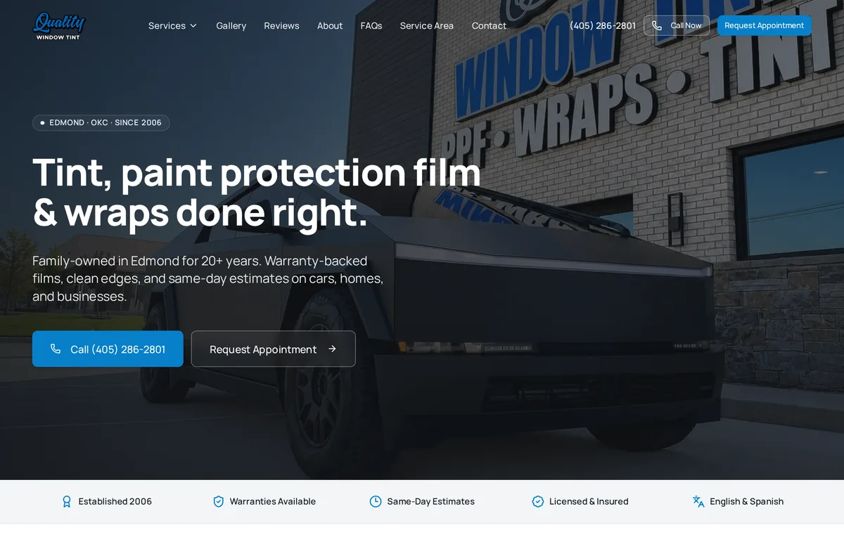 Quality Window Tint website homepage by The Mustard Seed Agency, showing tint, paint protection film, and wrap services in Edmond, Oklahoma