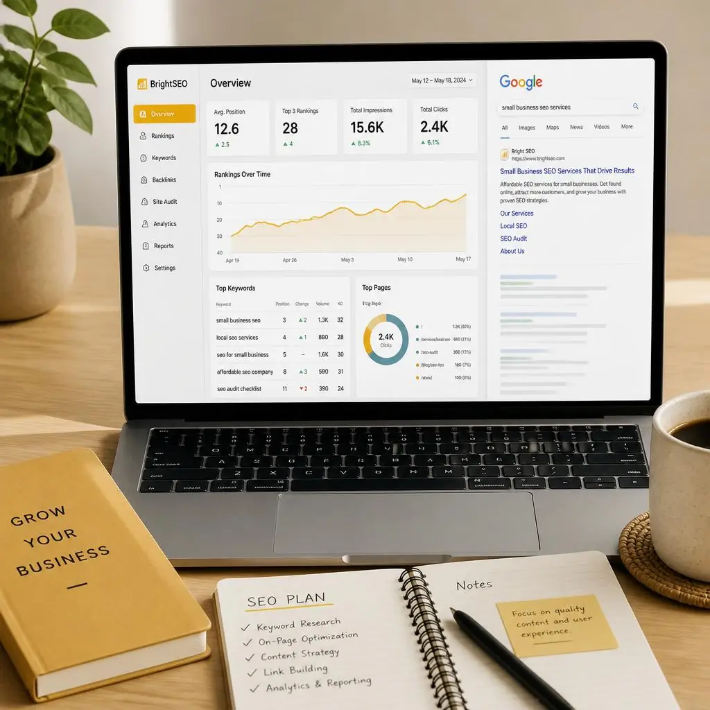 SEO analytics dashboard showing keyword rankings and organic traffic growth for a small business