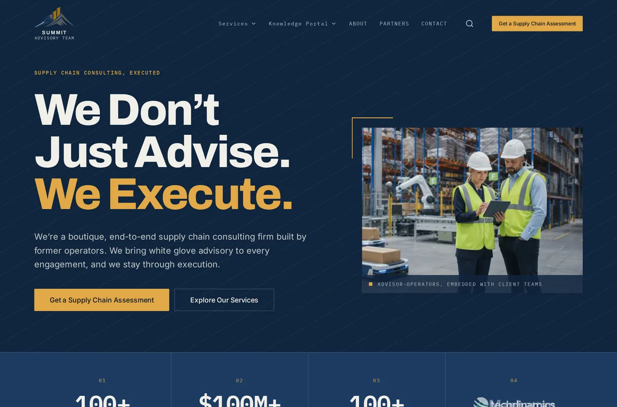 Summit Advisory Team website homepage by The Mustard Seed Agency, a polished navy and gold site for supply chain consultants
