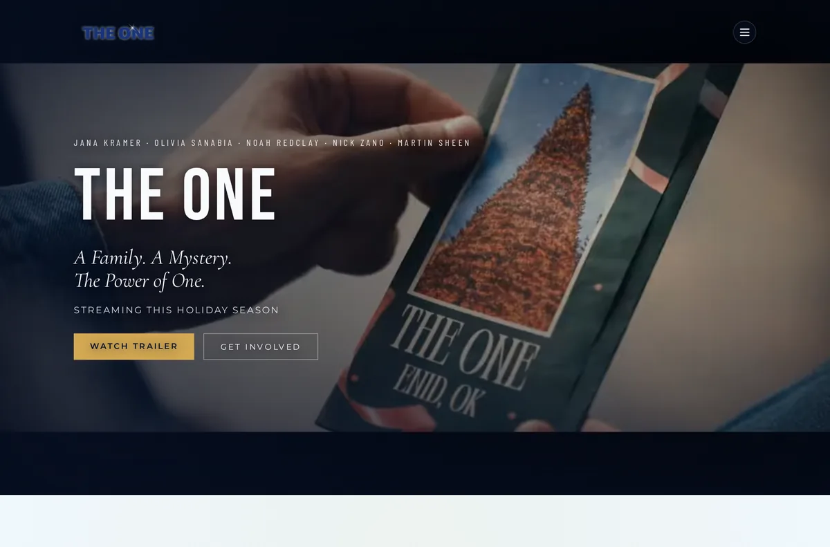 The One movie website homepage by The Mustard Seed Agency, a cinematic dark layout promoting the Oklahoma-made feature film